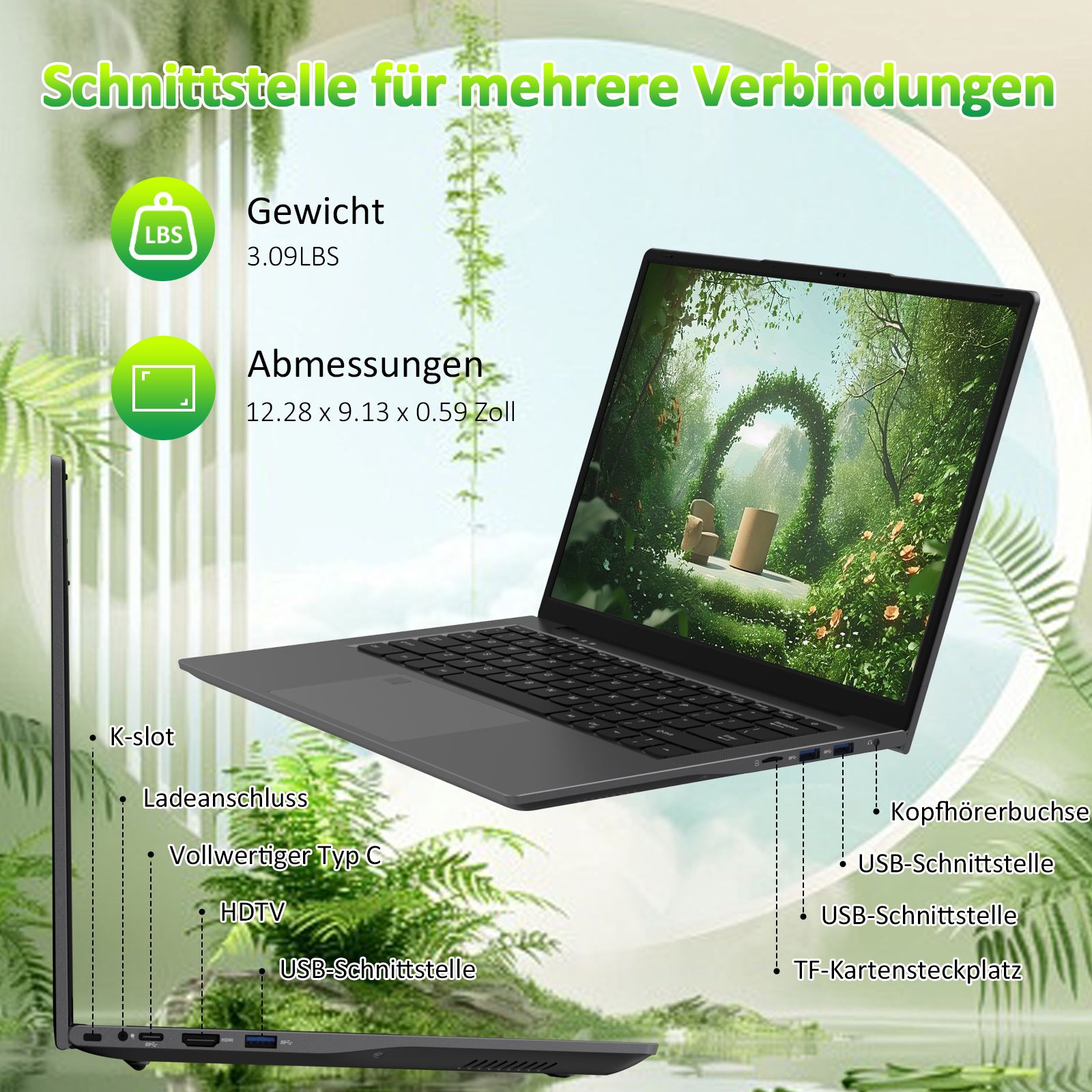 Ein Laptop mit Funktionen: Anschlüsse, Abmessungen und Gewicht. Der Bildschirm zeigt eine Gartenszene.