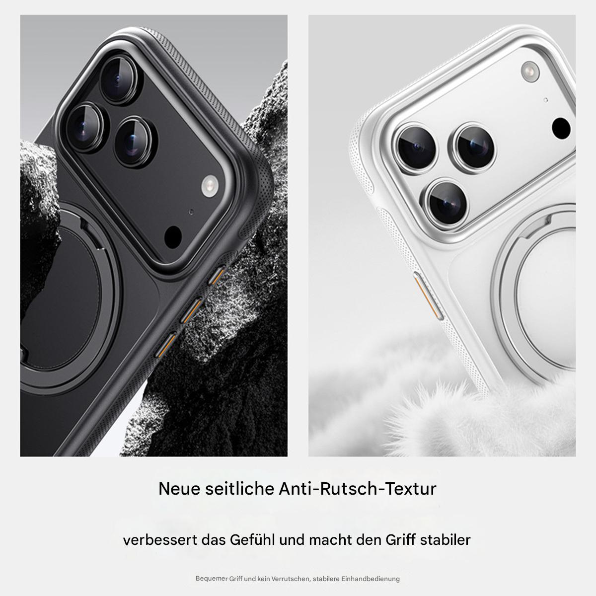 Das Bild zeigt zwei Telefone in Hüllen, eines schwarz und eines weiß. Die Hüllen heben Anti-Rutsch-Textur und verbesserten Griff hervor.