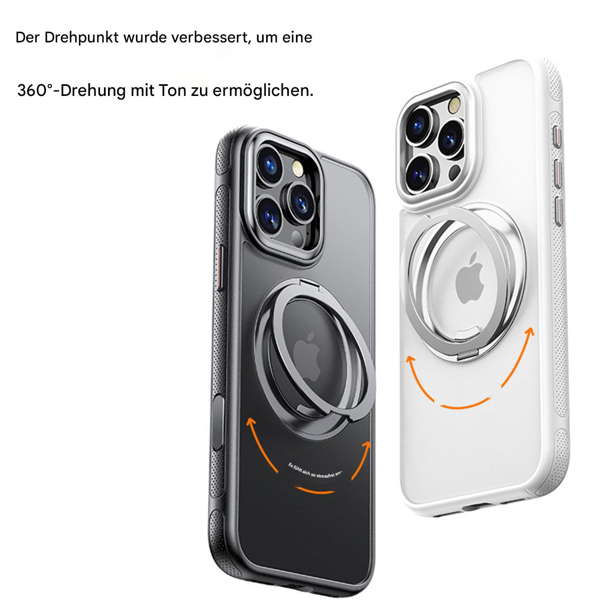Das Bild zeigt zwei Handyhüllen mit Ringhaltern. Eine ist schwarz, die andere weiß. Pfeile zeigen eine 360-Grad-Drehung an.