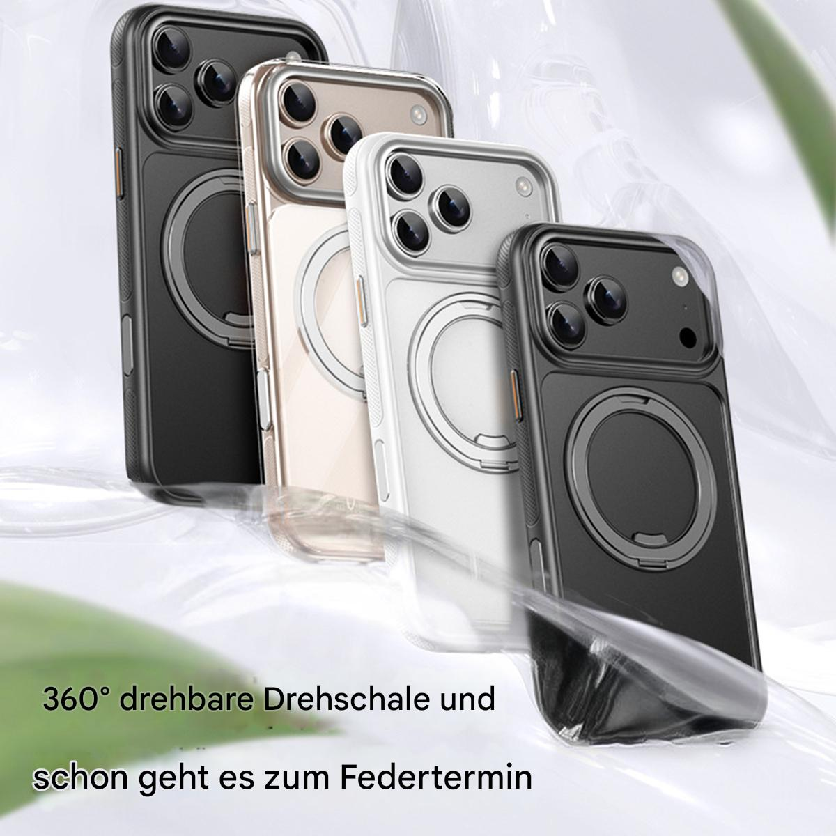 Vier Handyhüllen in Schwarz, Beige, Weiß und Schwarz werden gezeigt, jede mit einem kreisförmigen Ringdesign auf der Rückseite.