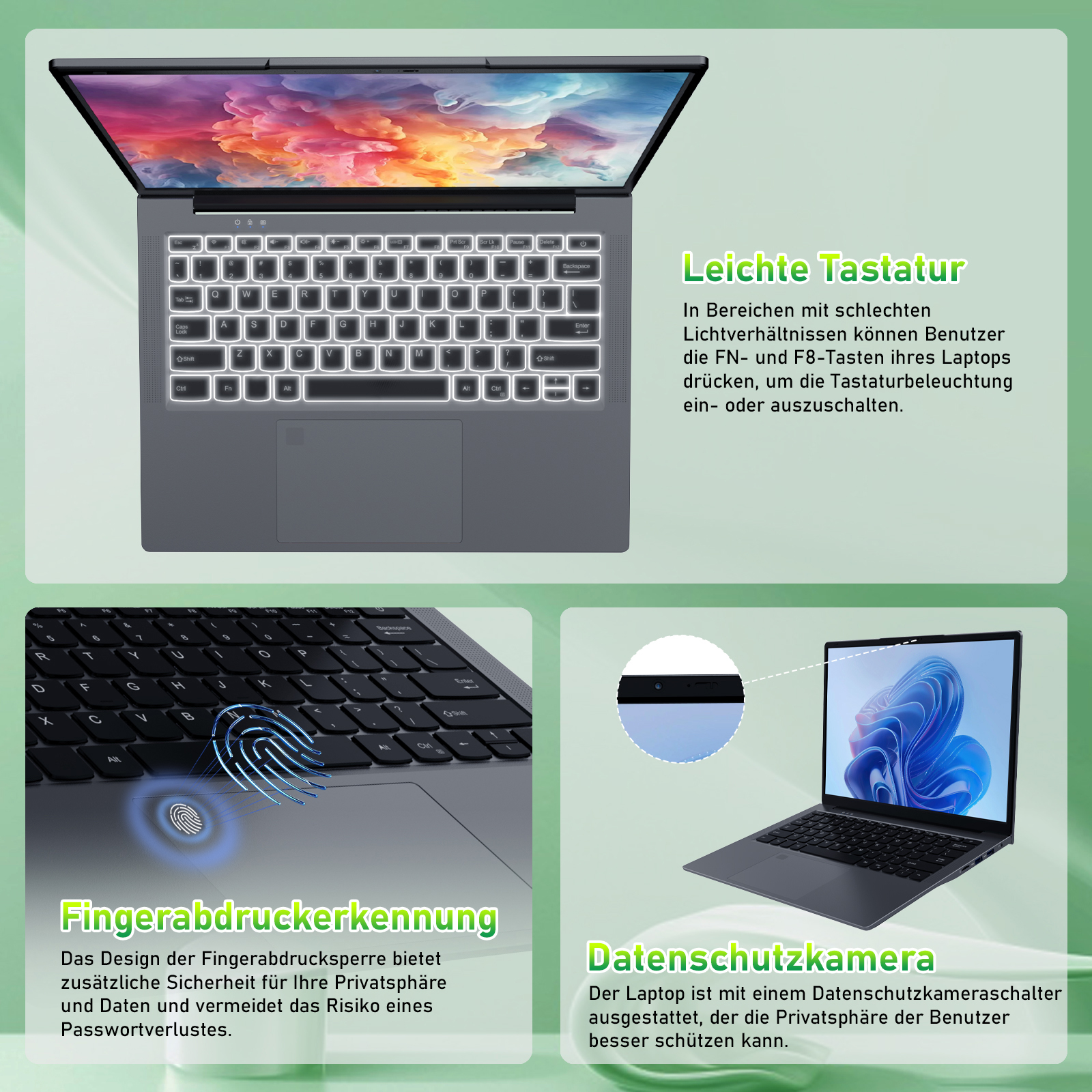 Laptop mit beleuchteter Tastatur. Merkmale sind Fingerabdruckerkennung und Webcam. Nahaufnahme von Tastatur und Bildschirm.