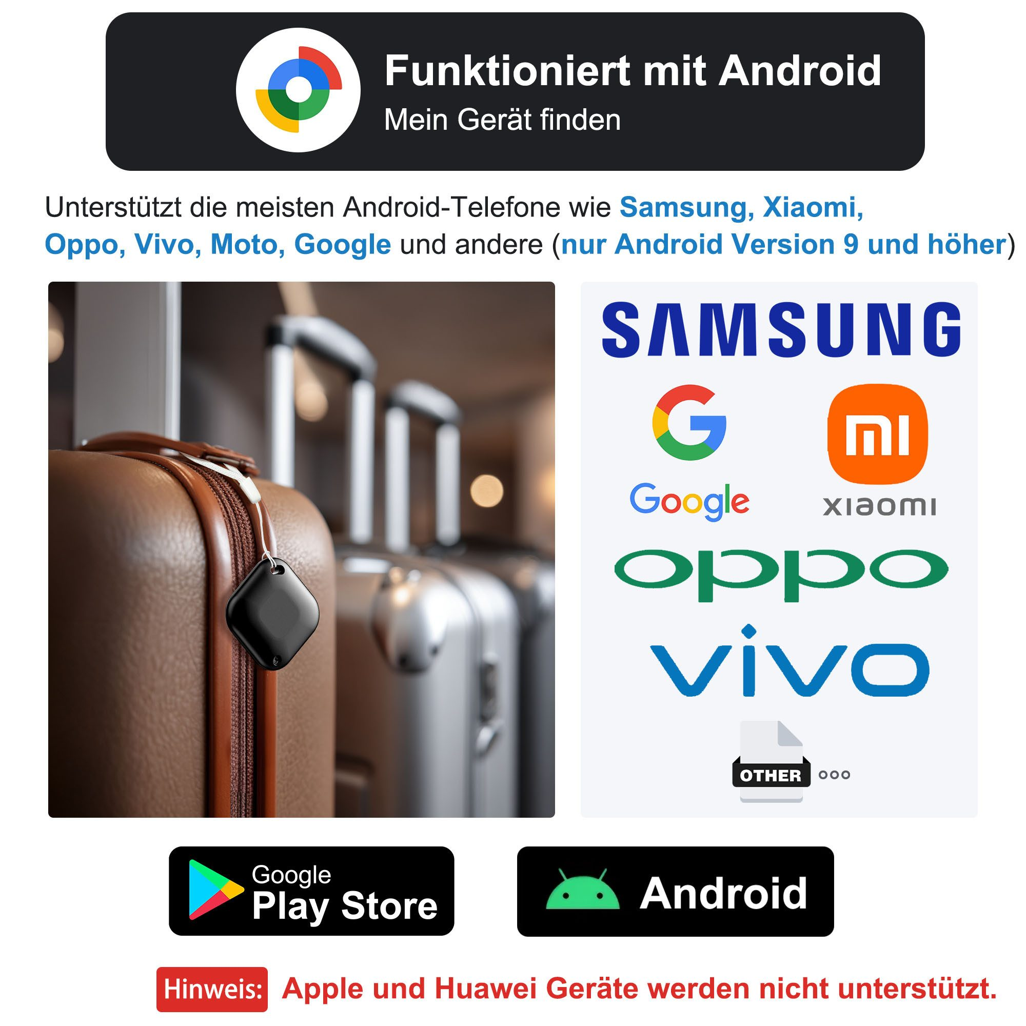 Ein schwarzes Etikett an einem braunen Koffer. Logos von Samsung, Google, Xiaomi, Oppo, Vivo und Android werden gezeigt.