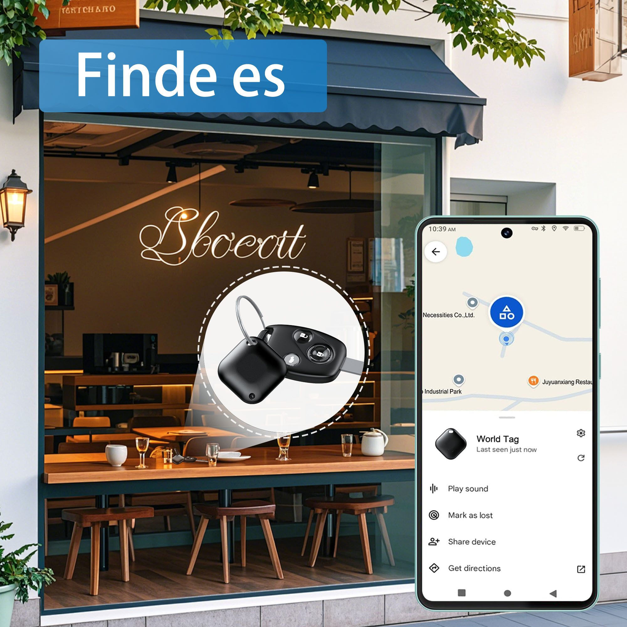 Ein Telefon zeigt eine Karte und World Tag. Ein Schlüsselanhänger und ein Schlüssel werden hervorgehoben. Im Hintergrund ist ein Restaurant.