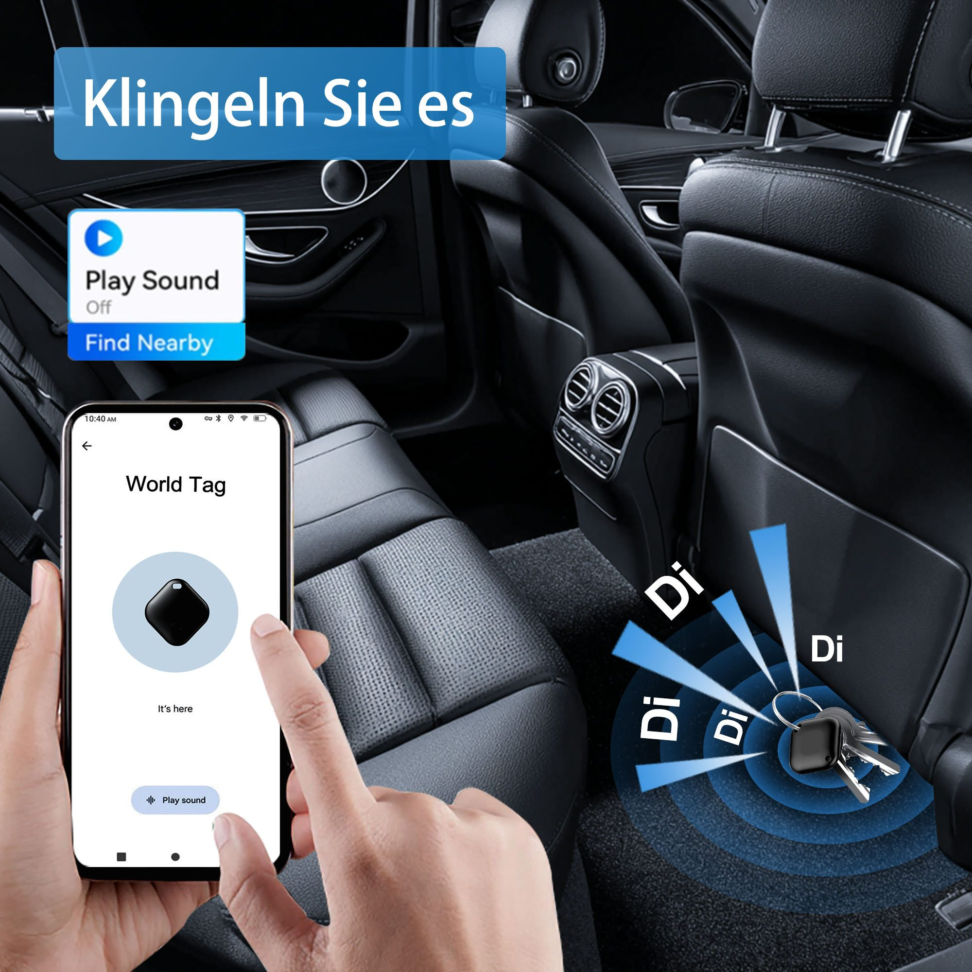 Ein Telefon mit einer Tag-Finder-App, Schlüssel und ein Auto-Innenraum mit dem Text 'Klingeln Sie es'.