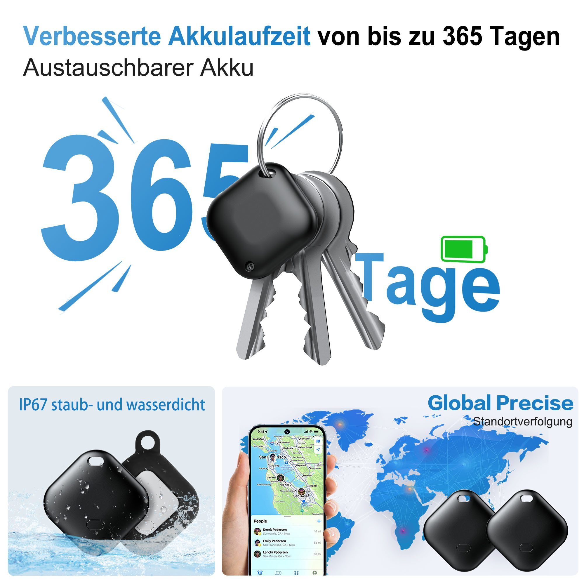Das Bild zeigt einen Schlüsselbund mit Schlüsseln und ein schwarzes Ortungsgerät. Text hebt die Akkulaufzeit und Wasserdichtigkeit hervor.