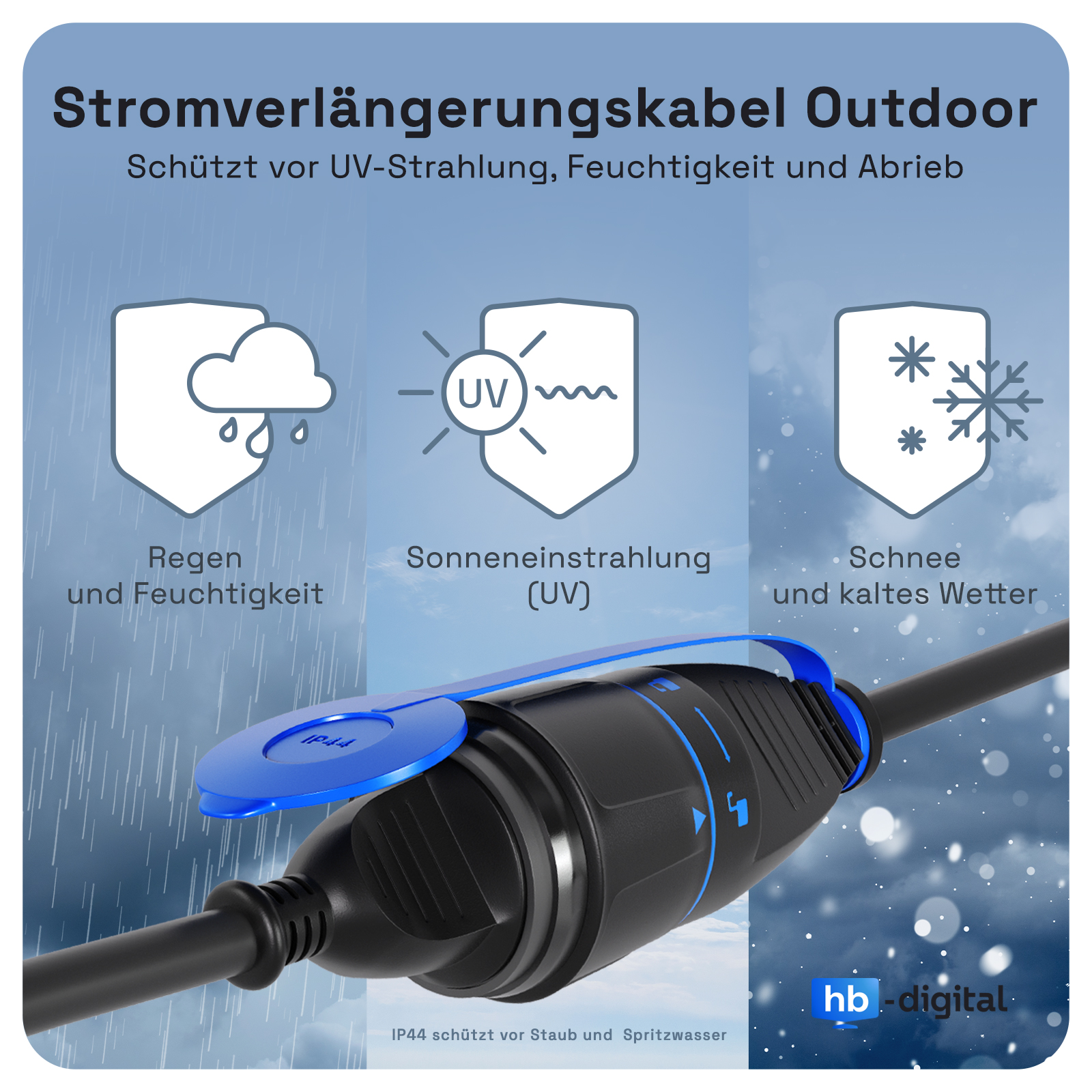 Das Bild zeigt ein Outdoor-Verlängerungskabel mit Schutzsymbolen: Regen, UV, Schnee. Das Kabel ist schwarz und blau.