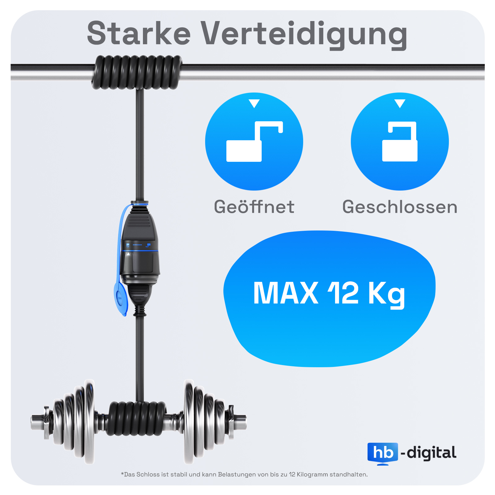 Das Bild zeigt ein Schloss mit einer Hantel. Der Text enthält 'Starke Verteidigung' und 'MAX 12 Kg'. Das Schloss ist geschlossen und hält 12 kg.