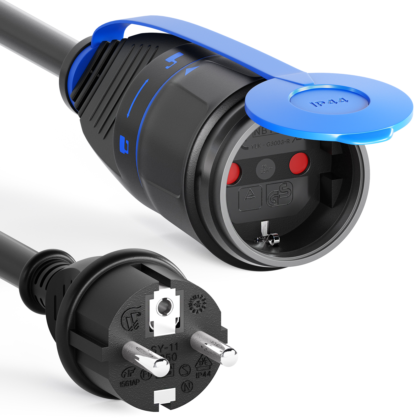 Ein schwarzer und blauer elektrischer Stecker und Stecker. Der Stecker hat eine blaue Abdeckung. Der Stecker hat drei Stifte.