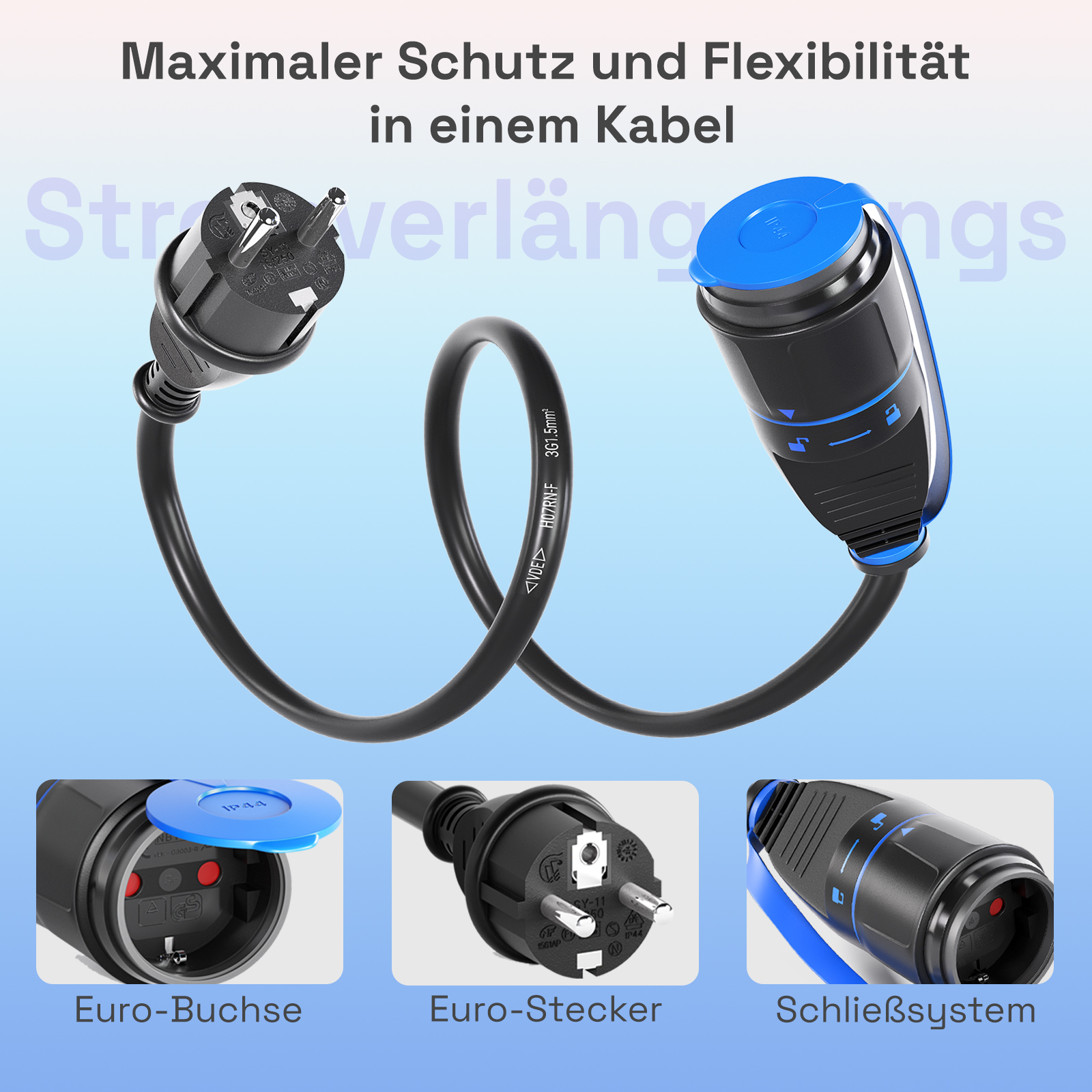 Schwarzes Verlängerungskabel mit blauen Enden und Etiketten. Enthält einen Stecker und eine Buchse. Text: 'Maximaler Schutz und Flexibilität'.