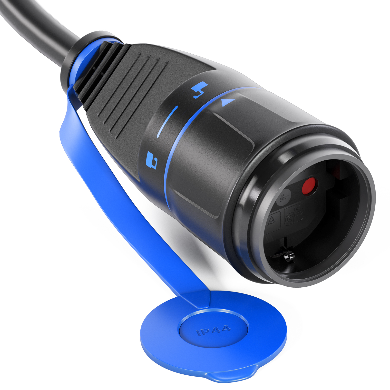 Ein schwarzer und blauer elektrischer Stecker mit blauem Deckel. Er hat Pfeile und Markierungen sowie den Text IP44.