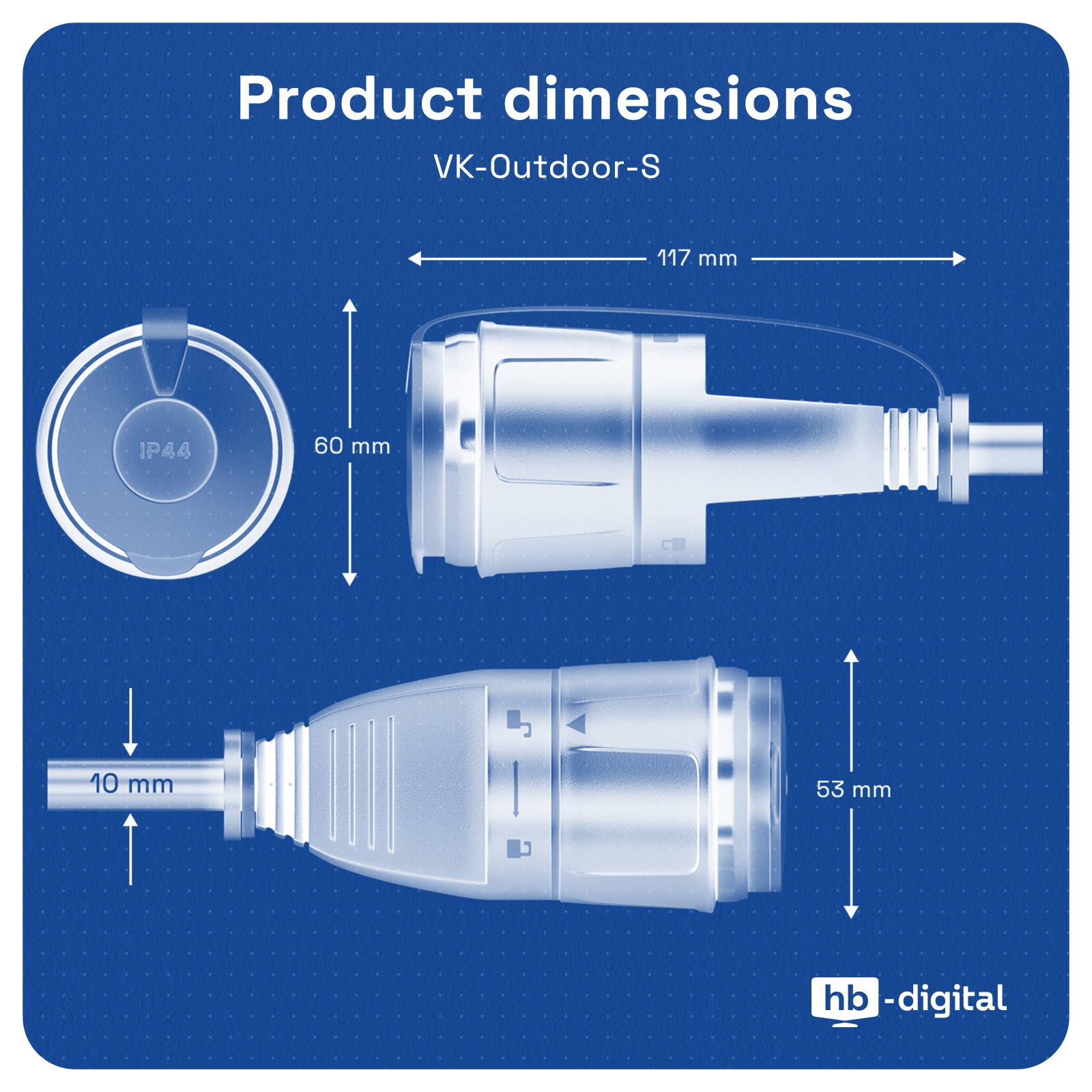 Diagramm eines Produkts mit Abmessungen: 117 mm lang, 60 mm hoch, 10 mm Durchmesser. Enthält die Kennzeichnung IP44. Blauer Hintergrund.