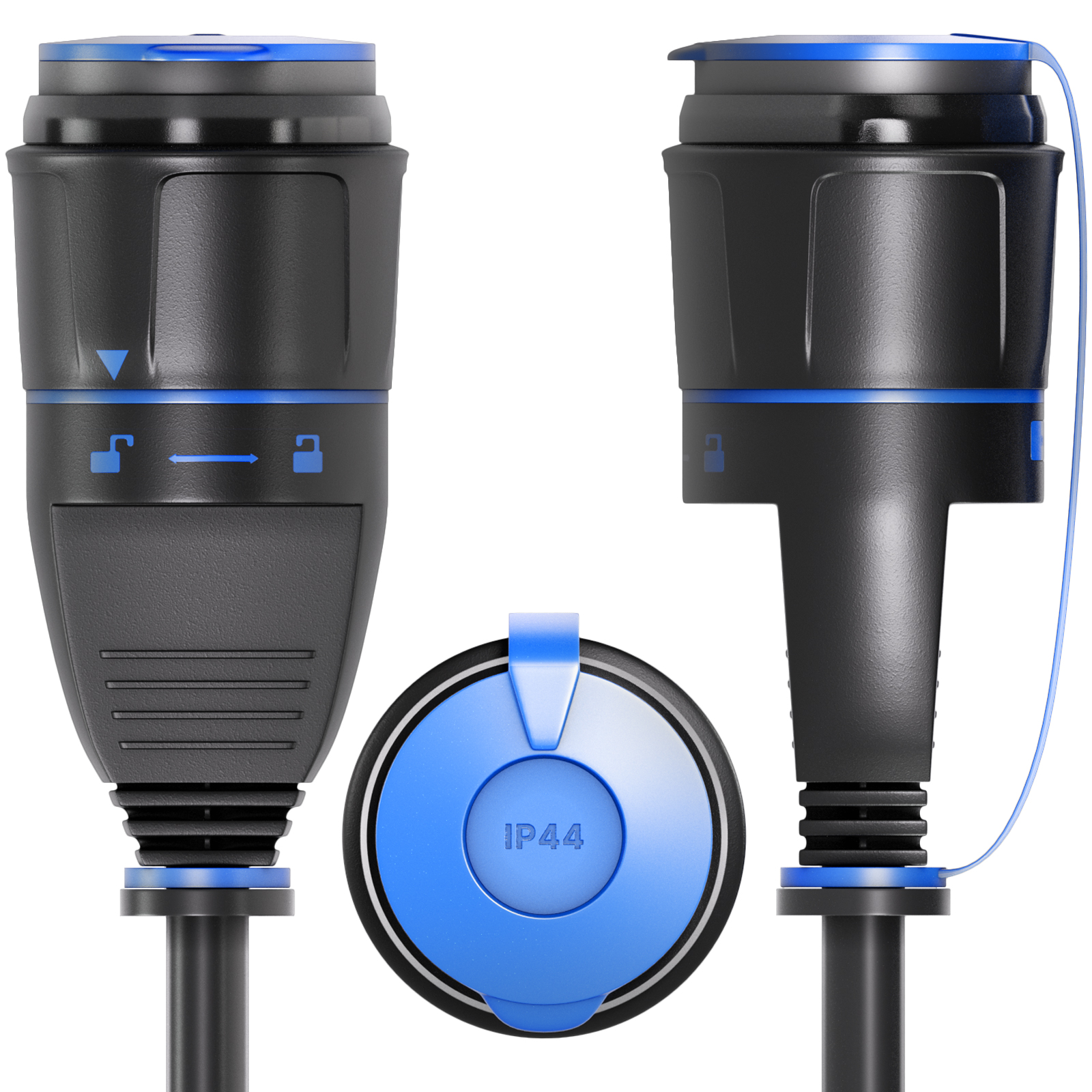 Drei Ansichten eines schwarz-blauen Steckers. Der Stecker hat Verriegelungssymbole, und die Kappe trägt die Aufschrift IP44. Ein blaues Kabel befestigt.