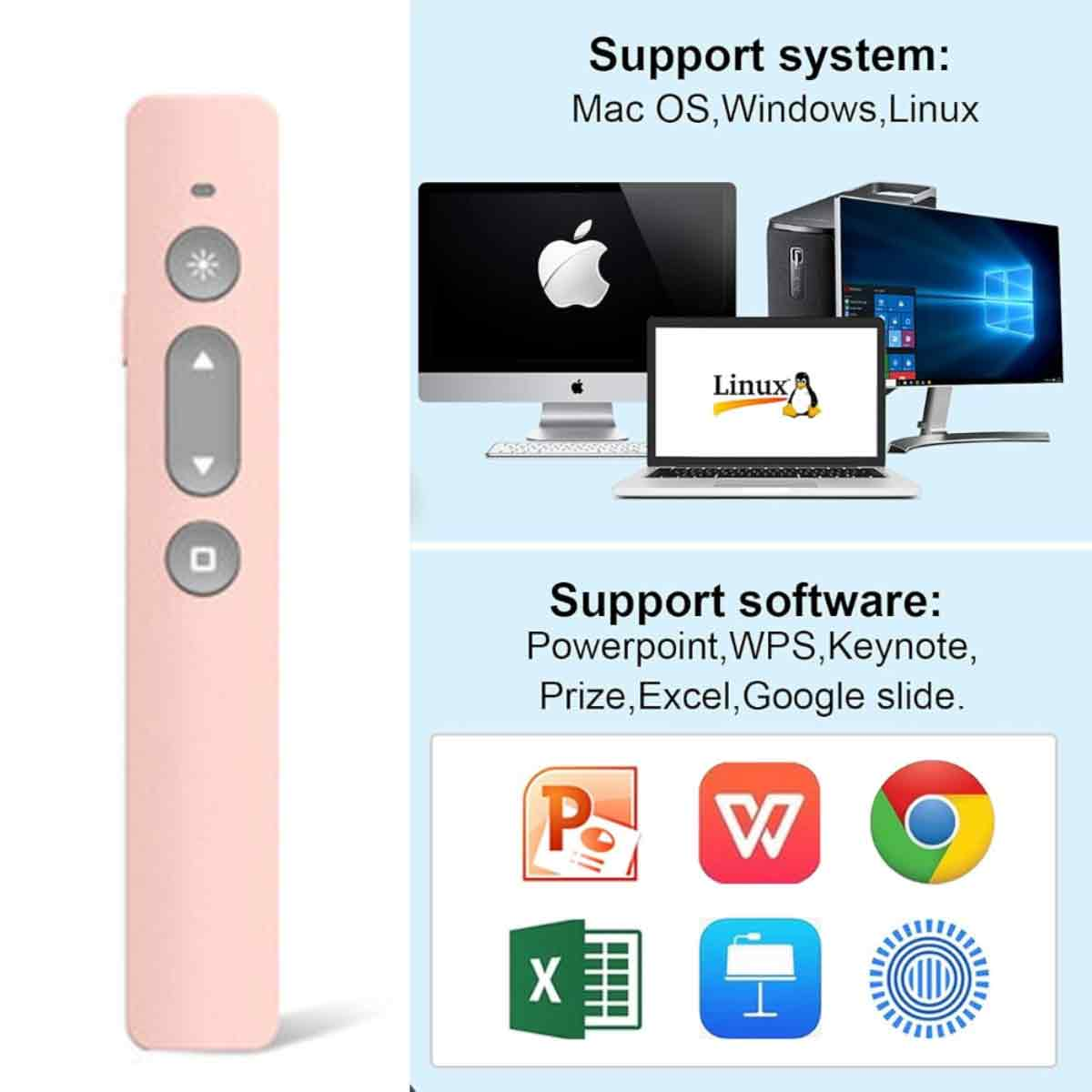 Pinkfarbene Präsentationsfernbedienung mit Funktionstasten. Zeigt Computersysteme (Mac, Windows, Linux) und Software-Icons (Powerpoint, WPS usw.).