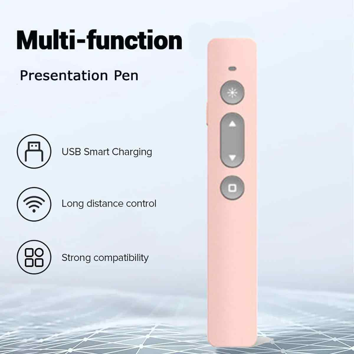 Ein rosa Präsentationsstift mit Steuertasten. Text besagt USB-Aufladung, Fernbedienung und hohe Kompatibilität.