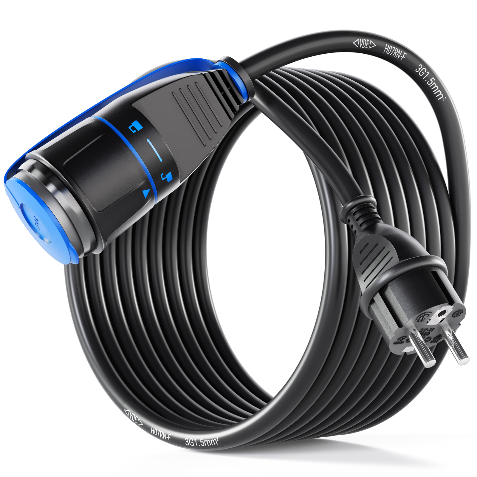 Schwarzes und blaues Elektrokabel mit Stecker und Buchse. Das Kabel ist aufgerollt, mit deutlichen Markierungen.
