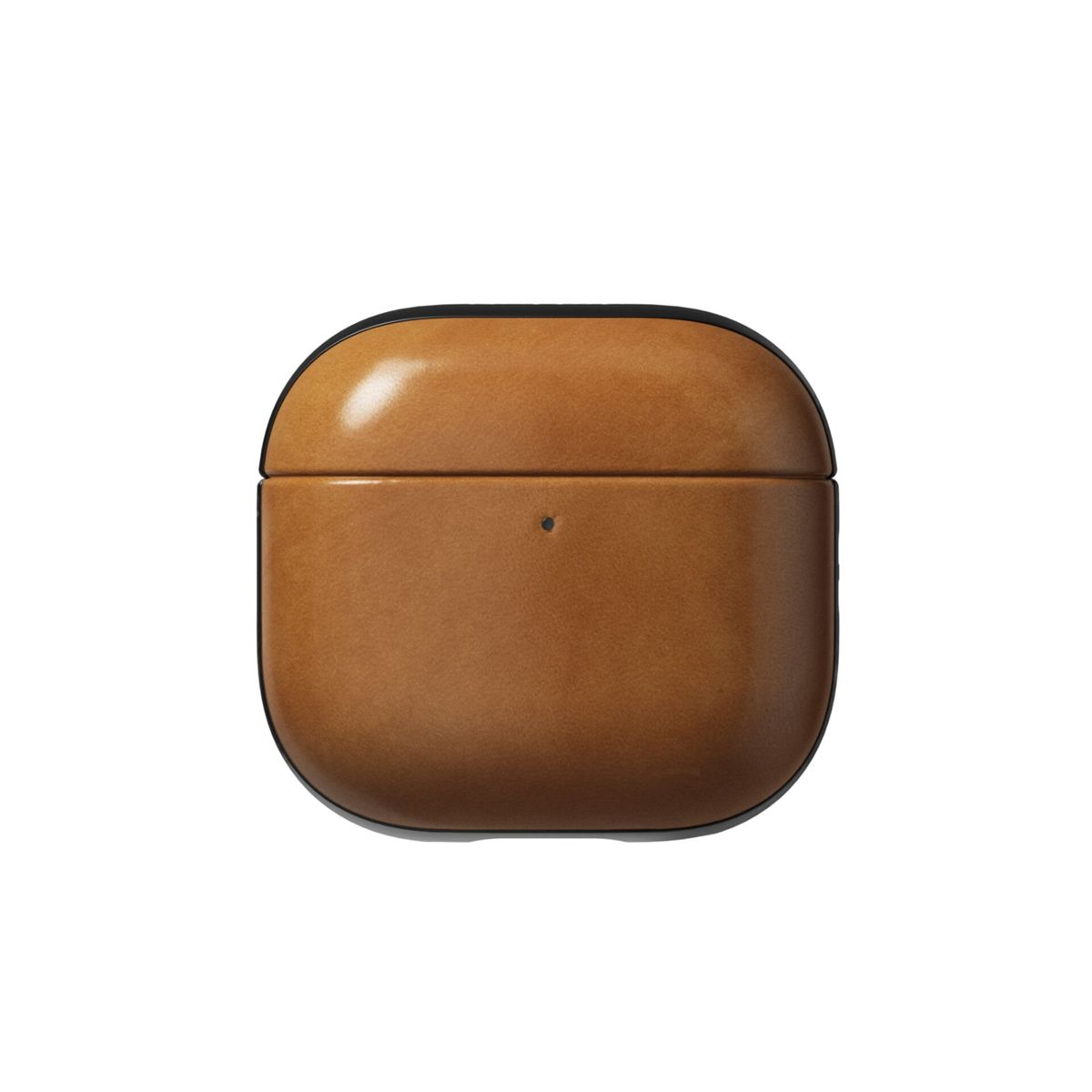 Una custodia AirPod in pelle marrone con rifiniture nere è centrata su sfondo bianco. La custodia è chiusa e ha un piccolo punto.