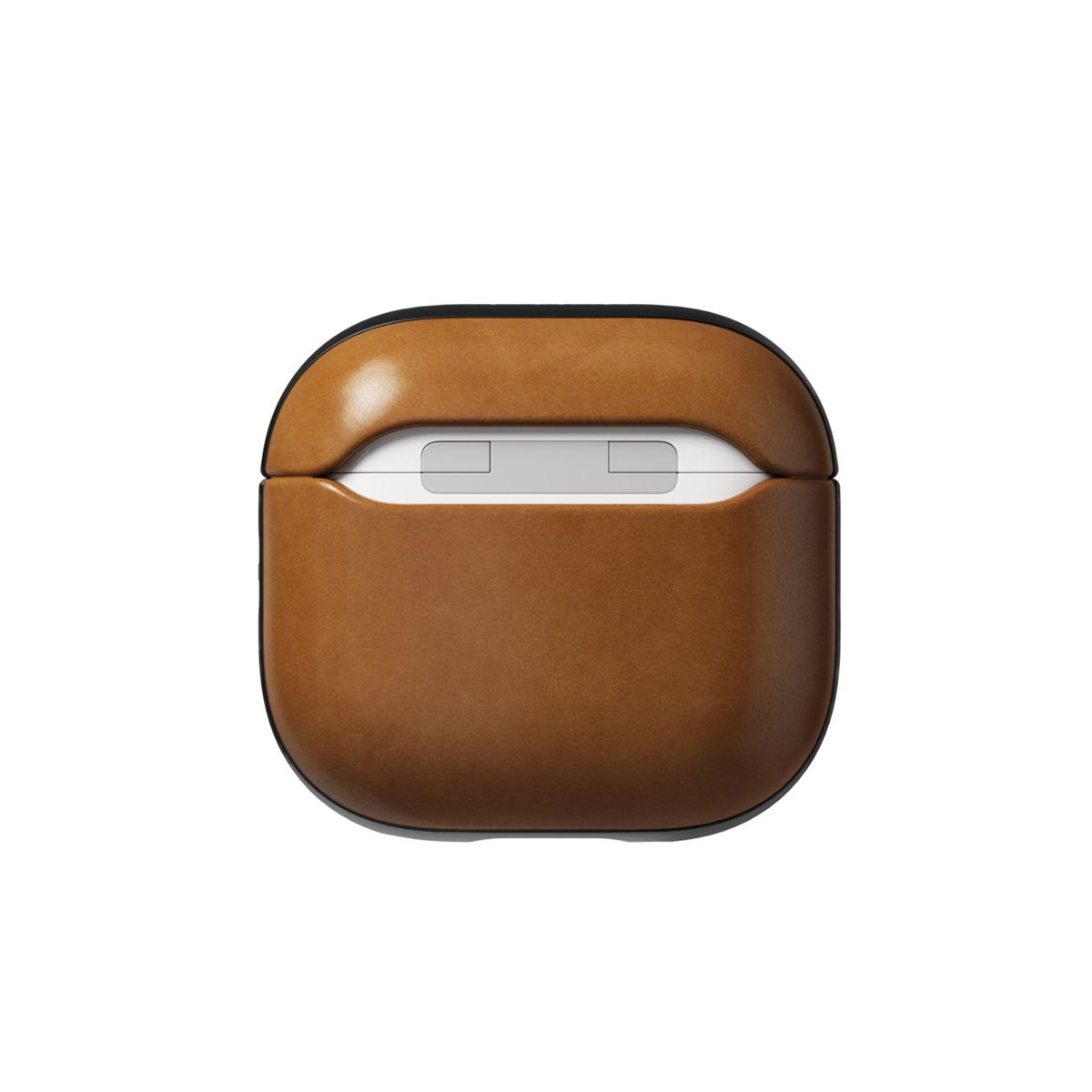 Custodia AirPods in pelle marrone, aperta nella parte superiore, che rivela un interno bianco. Rifinitura nera attorno all'apertura, su sfondo bianco.