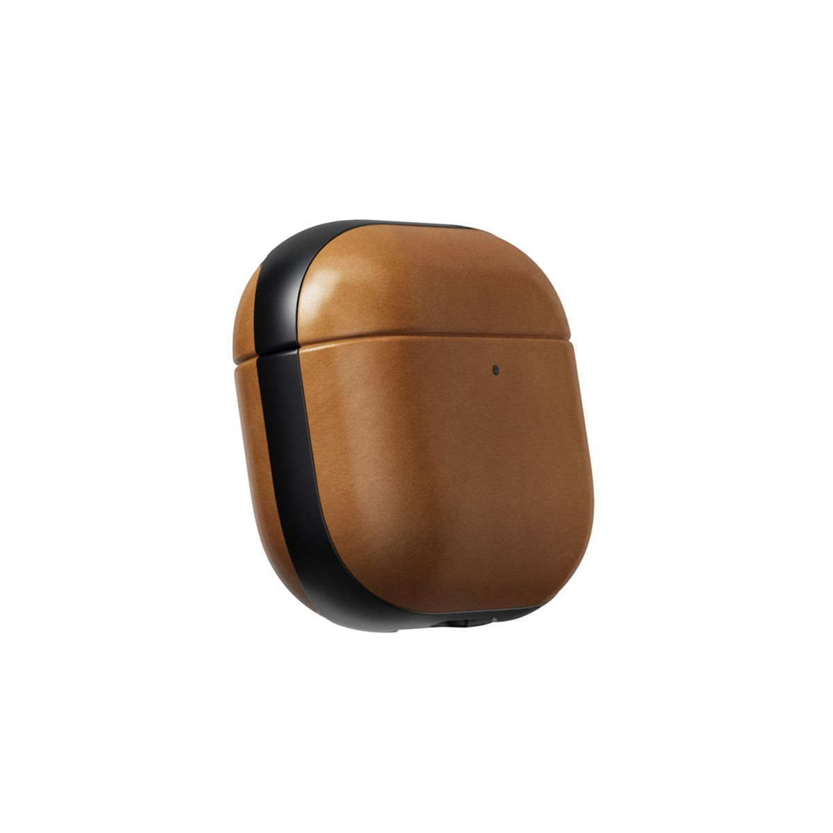 Una custodia per auricolari marrone e nera. La custodia ha una texture in pelle, con una striscia nera sul lato e sulla parte superiore.