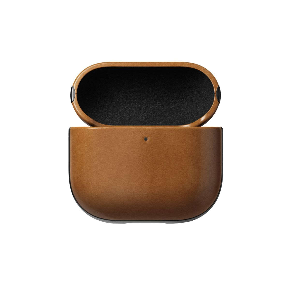 Custodia AirPods in pelle marrone aperta. La parte superiore è sollevata, rivelando feltro nero all'interno. La custodia è su sfondo bianco.