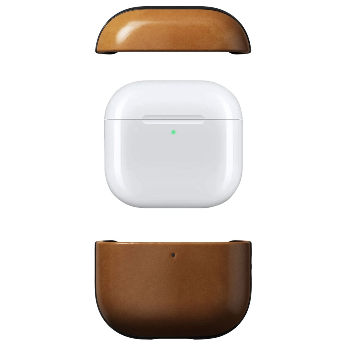 Custodia bianca per AirPods in custodia di pelle con parti superiore e inferiore marroni. La parte superiore è separata dalla custodia.