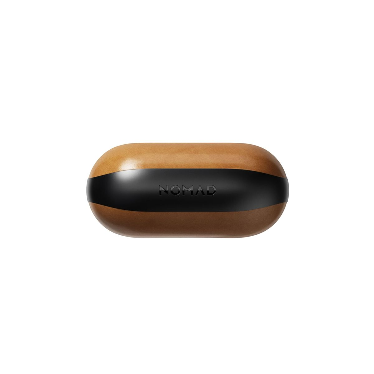 Una custodia marrone e nera con marchio NOMAD per auricolari, di forma ovale con una fascia nera al centro, su sfondo bianco.
