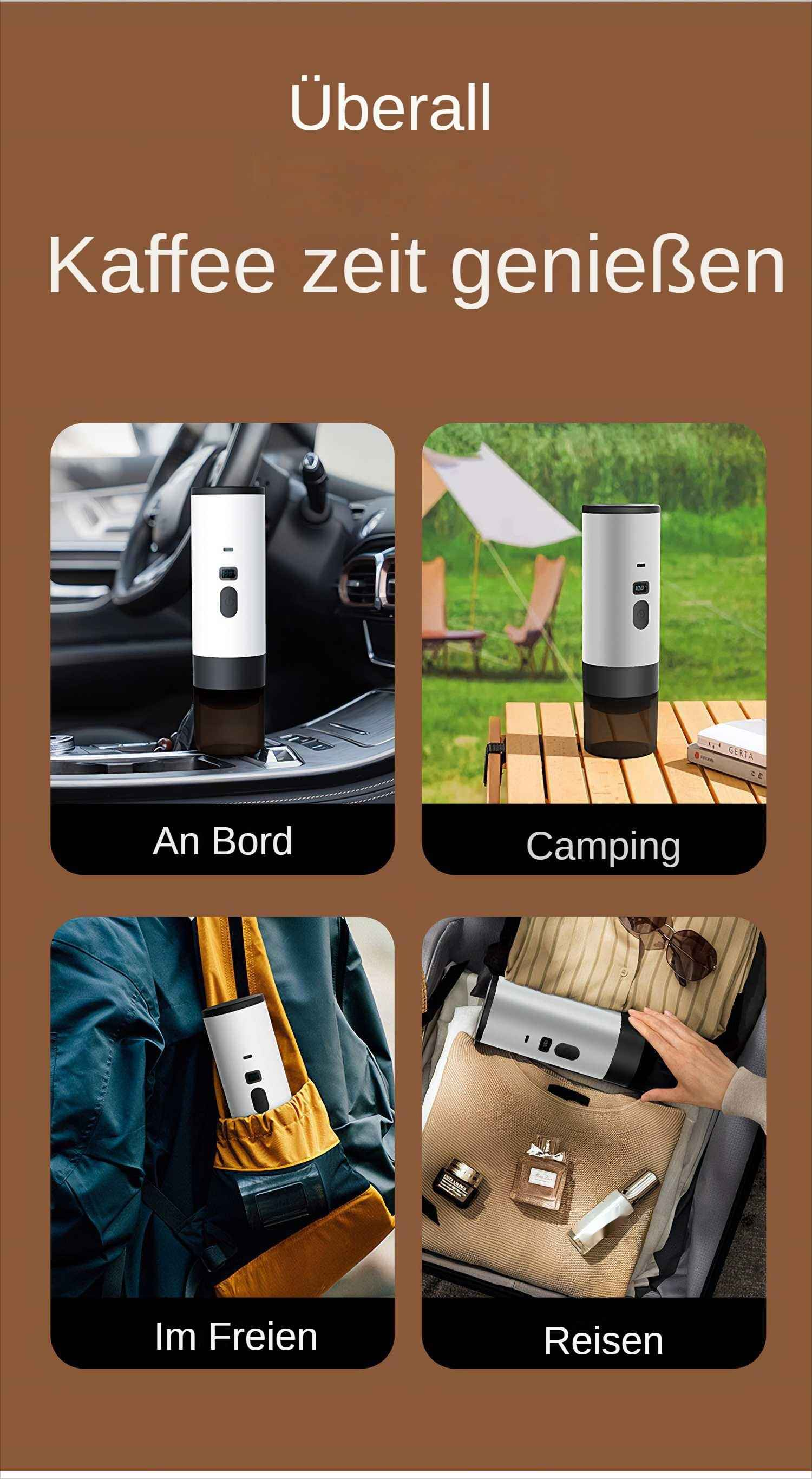 Das Bild zeigt einen Kaffeezubereiter in verschiedenen Umgebungen: Auto, Camping, Rucksack und Koffer. Jede Szene hat einen anderen Hintergrund.