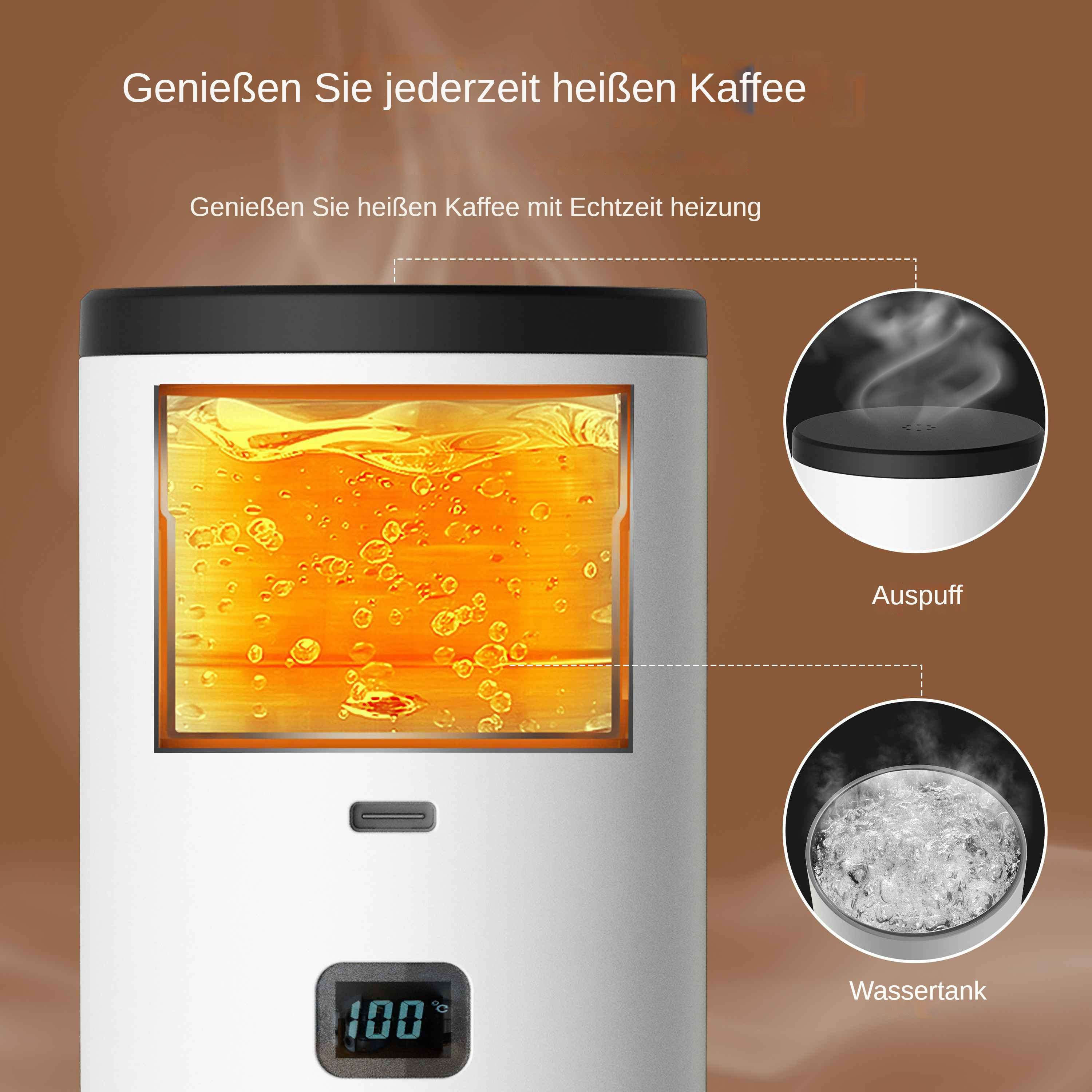 Ein weißer Kaffeezubereiter mit Digitalanzeige. Er hat einen Wassertank und einen Auspuff, mit Text auf Deutsch.