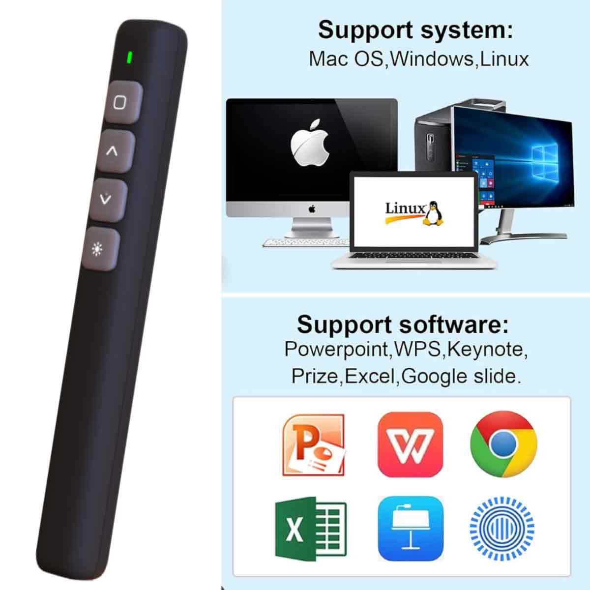 Auf der linken Seite befindet sich eine schwarze Präsentationsfernbedienung mit Tasten. Rechts werden Computer und Software-Logos angezeigt.