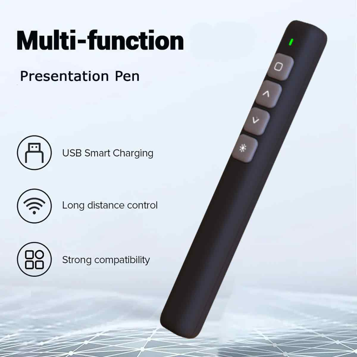 Ein schwarzer Präsentationsstift mit Knöpfen wird angezeigt. Text enthält 'Multi-Funktions-Präsentationsstift' und Symbole für Aufladen, Steuerung und Kompatibilität.