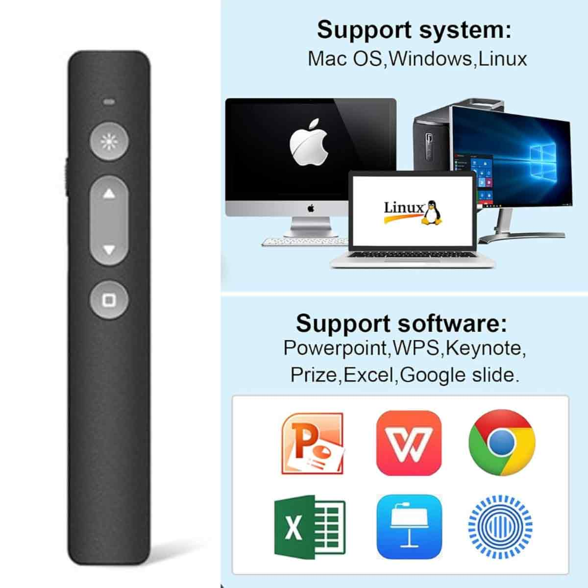 Eine schwarze Präsentationsfernbedienung mit Tasten. Zeigt das Unterstützungssystem: Mac OS, Windows, Linux. Unterstützte Software: PowerPoint usw.