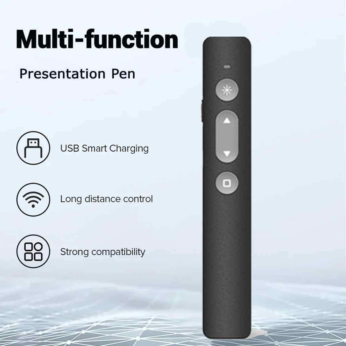 Ein schwarzer Präsentationsstift mit Knöpfen. Text: Multifunktions-Präsentationsstift, USB-Aufladung, Fernbedienung, starke Kompatibilität.