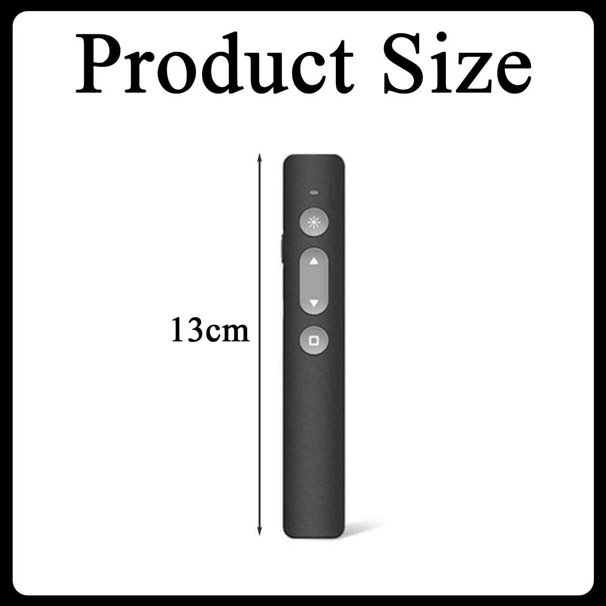 Eine schwarze Fernbedienung mit Knöpfen, die 13 cm misst, wird mit dem Text 'Produktgröße' angezeigt.