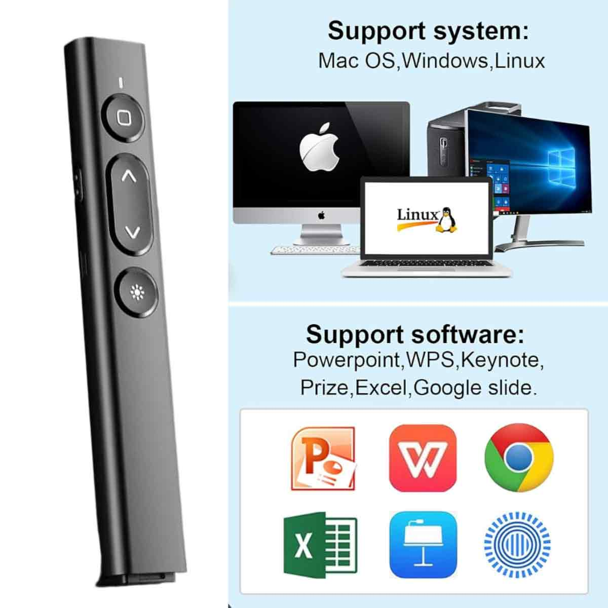 Eine Präsentationsfernbedienung mit Tasten und ein Diagramm mit Computermonitoren, Software-Icons und Betriebssystemen.