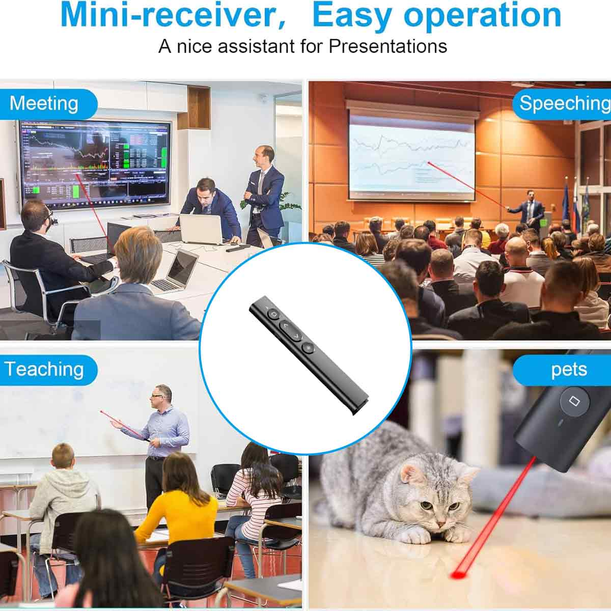 Das Bild zeigt ein Präsentationswerkzeug mit mehreren Szenen: ein Meeting, eine Rede, eine Unterrichtsstunde und eine Katze mit Laserpointer.
