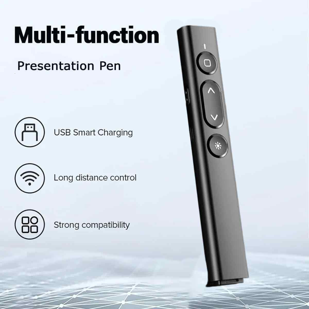 Ein schwarzer Präsentationsstift mit Knöpfen. Text: Multifunktion, Präsentationsstift, USB-Smart-Laden, Fernbedienung, Starke Kompatibilität.