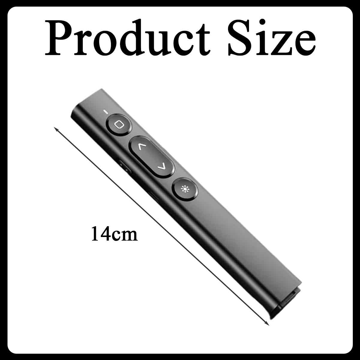 Das Bild zeigt eine schwarze Präsentationsfernbedienung, 14 cm lang, mit Tasten und einem Laserpointer-Symbol. Der Text oben lautet 'Produktgröße'.