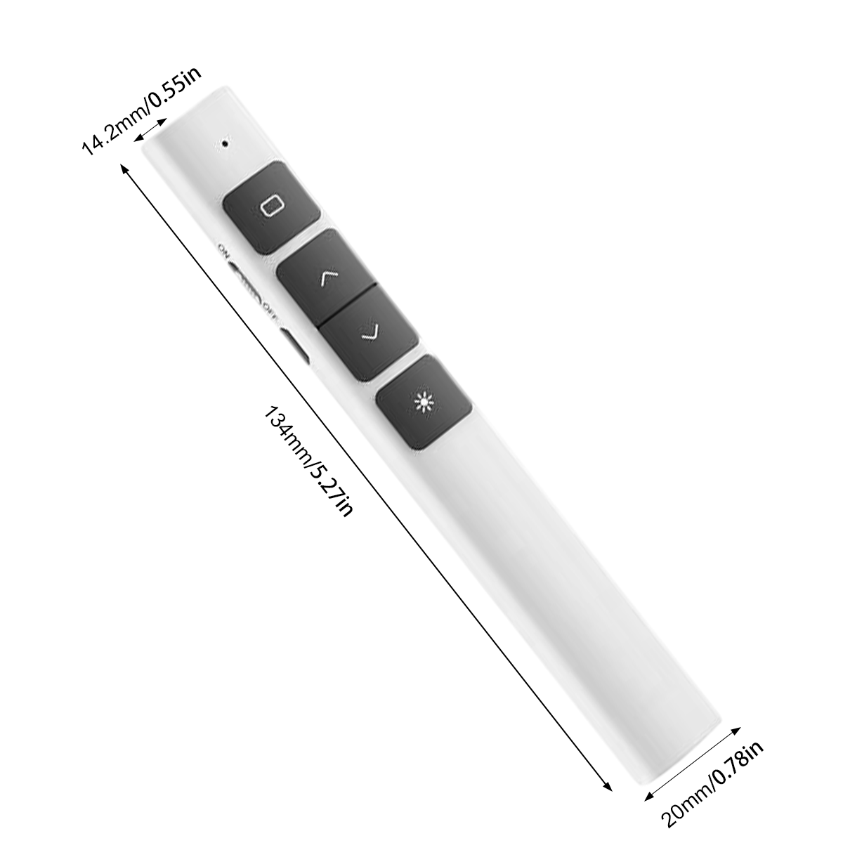 Eine weiße Präsentationsfernbedienung mit schwarzen Kn öpfen, einschließlich Ein/Aus, Pfeilen und einem Lichtsymbol. Abmessungen sind angezeigt.