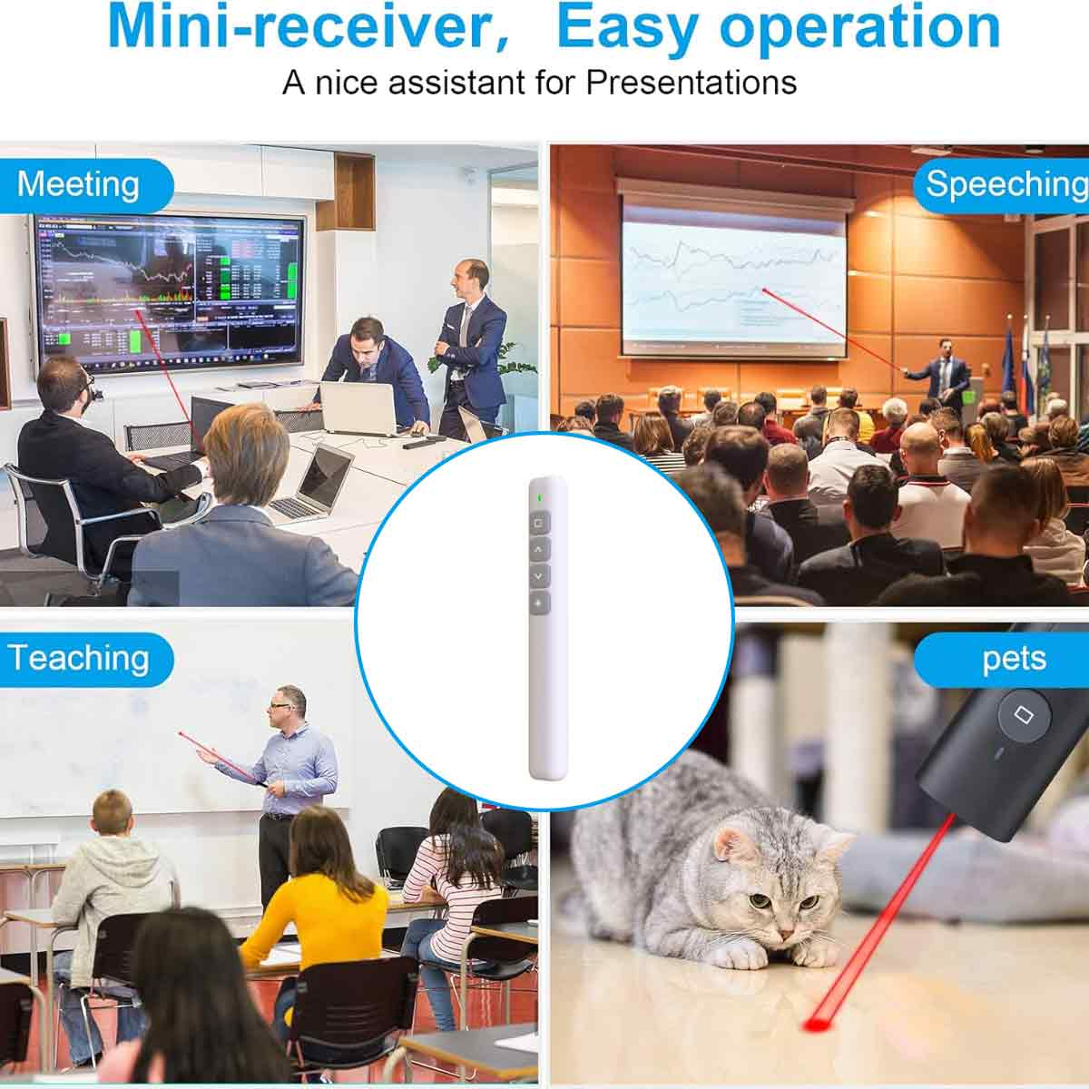 Das Bild zeigt ein Präsentationsgerät mit Szenen: Meeting, Rede, Lehre und Haustier mit Laserpointer.