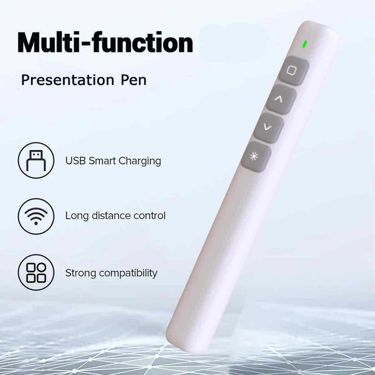 Ein weißer Präsentationsstift mit Knöpfen. Text: Multifunktion, Präsentationsstift, USB Smart Charging, Fernbedienung, Starke Kompatibilität.