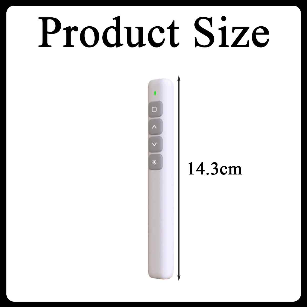 Weiße Fernbedienung mit Knöpfen, grünem Licht und einem Produktgrößenetikett, das eine Länge von 14,3 cm angibt, alles auf schwarzem Hintergrund.