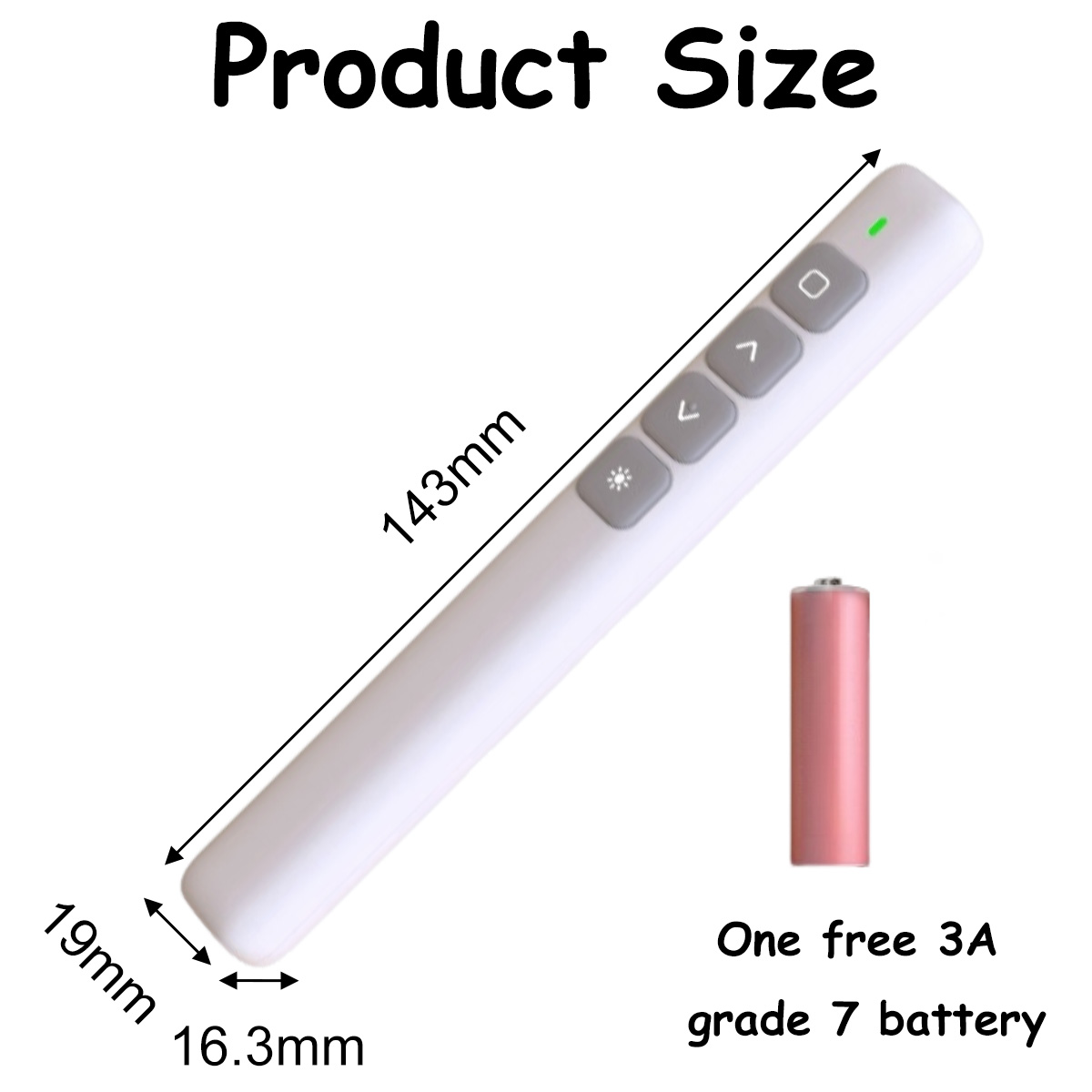 Ein weißes Diagramm der Produktgröße. Es hat einen Präsentationsassistenten, Abmessungen und eine rosa AA-Batterie.