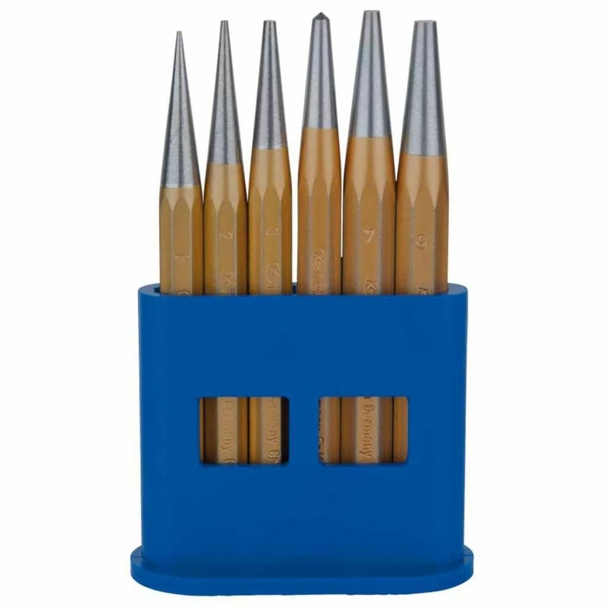 Set di sei punzoni metallici in un supporto di plastica blu. I punzoni hanno punte argentate e manici numerati, etichettati 'Germany'.