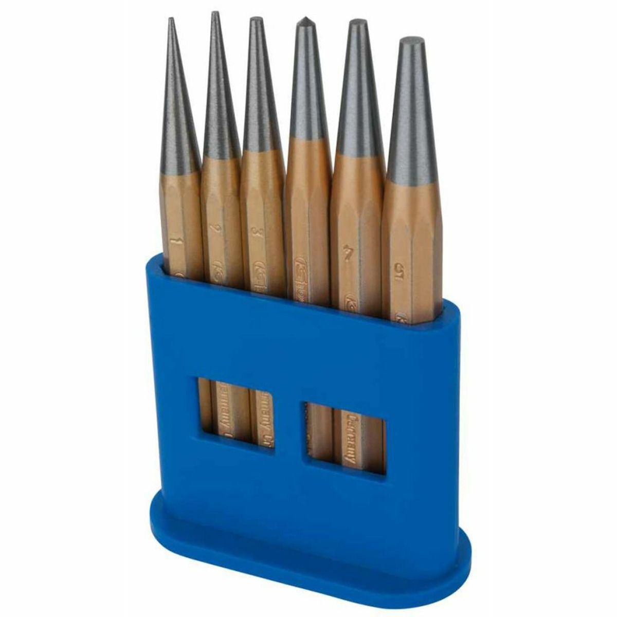 Un set di punzoni color oro con punte argentate, in un supporto di plastica blu. Ogni punzone ha un numero.