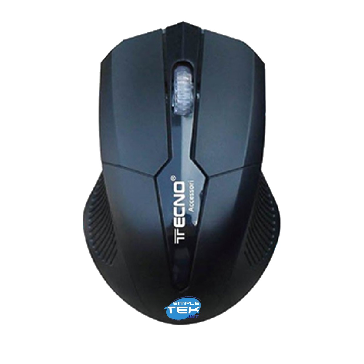 Un mouse per computer nero, vista dall'alto. Ha una rotella di scorrimento e il logo 'TECNO Accessories'. Lo sfondo è bianco.
