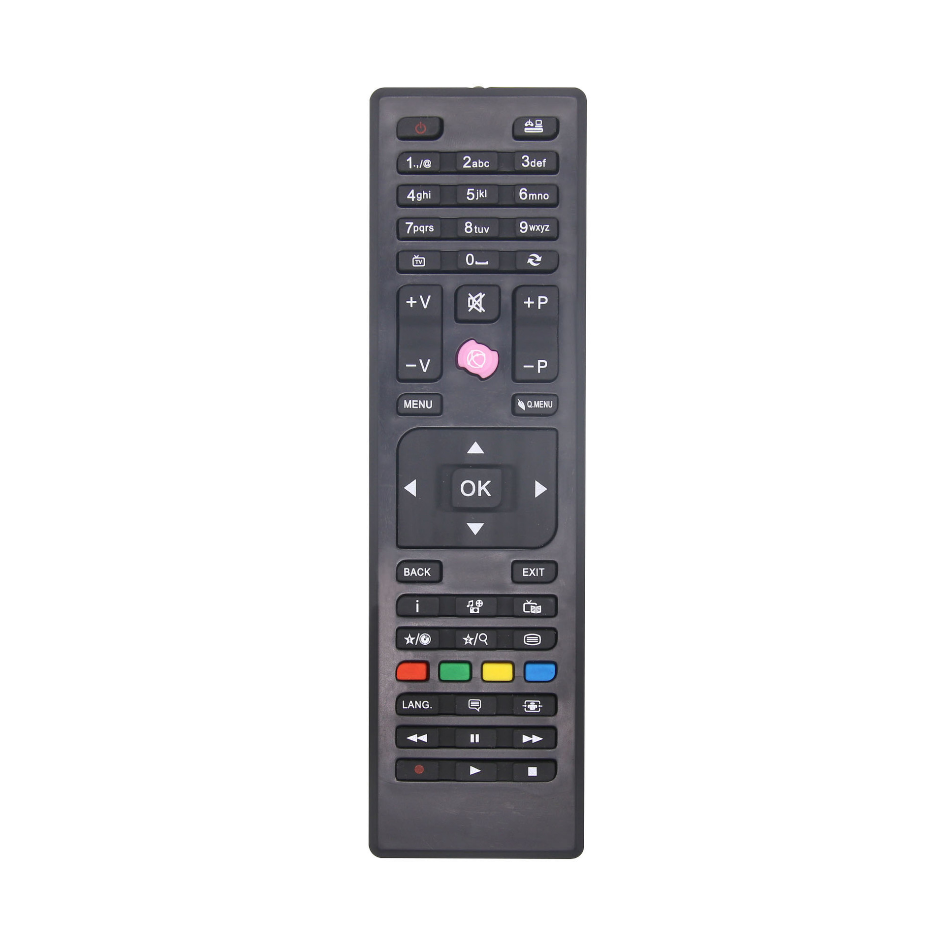 Eine schwarze TV-Fernbedienung mit vielen Knöpfen. Zahlen, Lautstärke- und Kanaltasten sind sichtbar.