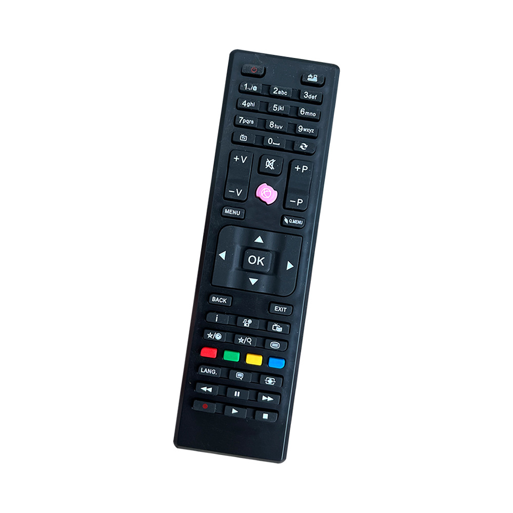 Schwarze TV-Fernbedienung mit verschiedenen Tasten, darunter Zahlen, Lautstärke, Kanal, Menü und eine rosa Taste.
