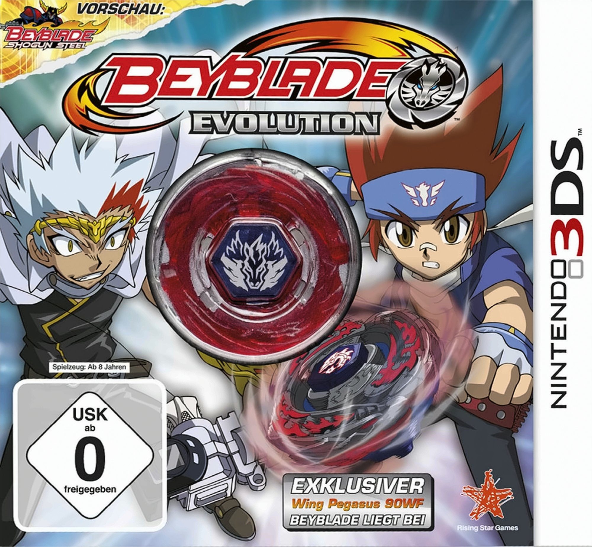 Cover-Art für das Beyblade Evolution 3DS-Spiel. Zeigt Charaktere, die Kreisel halten. Enthält Logos und Alterseinstufung.