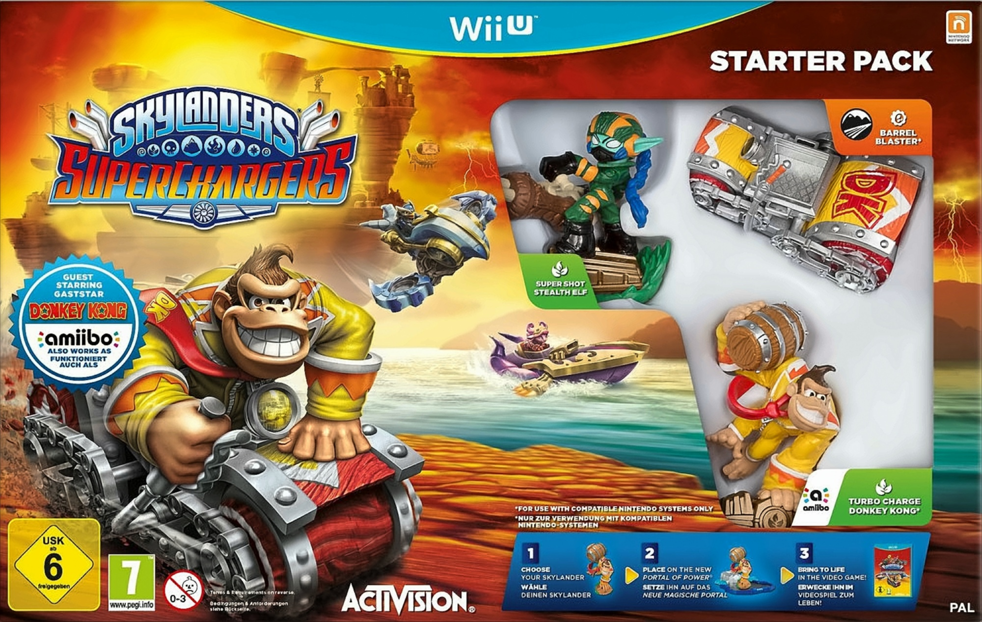Skylanders SuperChargers Wii U Starterpack. Enthält Donkey Kong, Stealth Elf und Barrel Blaster. Enthält amiibo-Figuren.