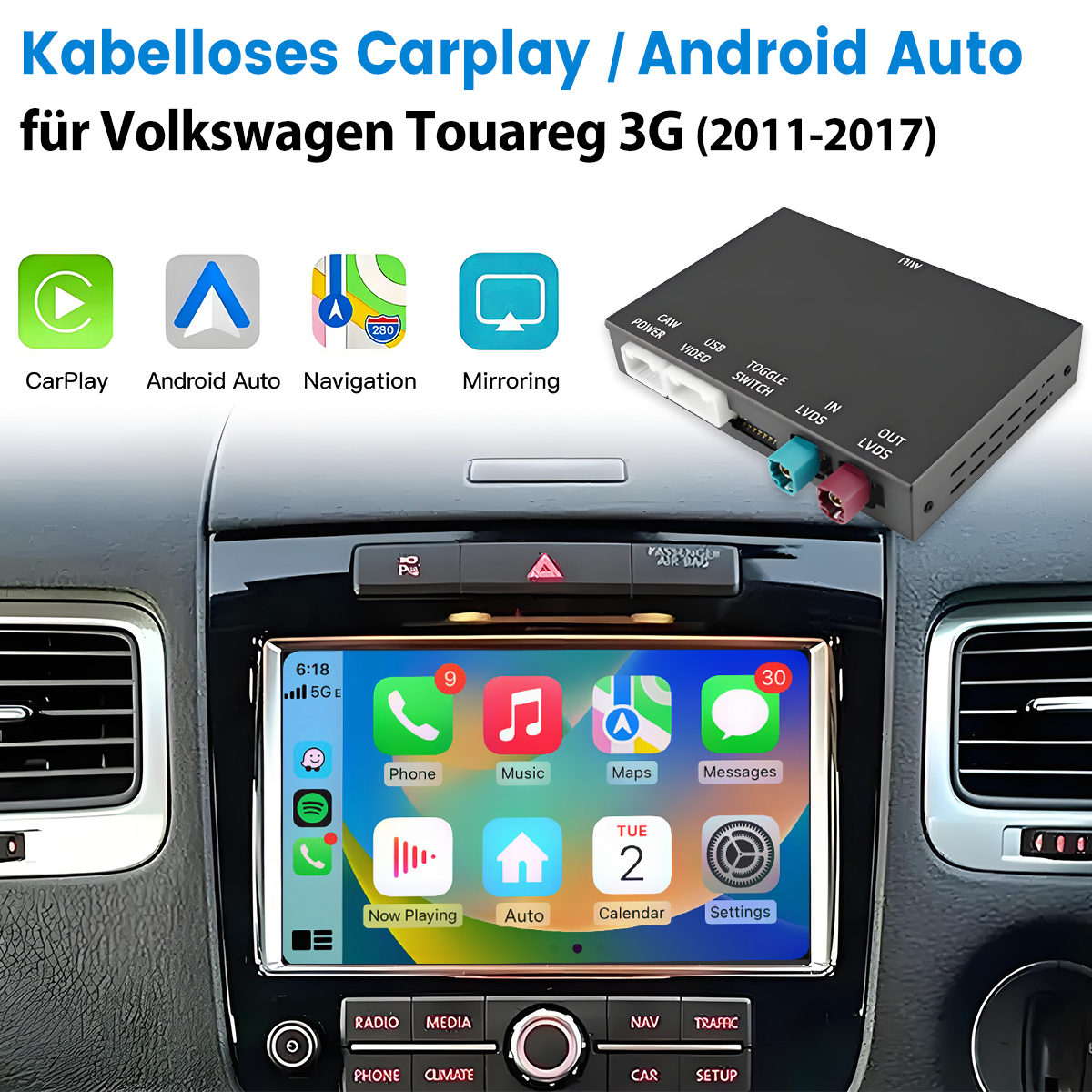 Auto-Infotainmentsystem mit CarPlay/Android Auto. Das Display zeigt App-Symbole. Rechts befindet sich eine schwarze Box mit Anschlüssen.