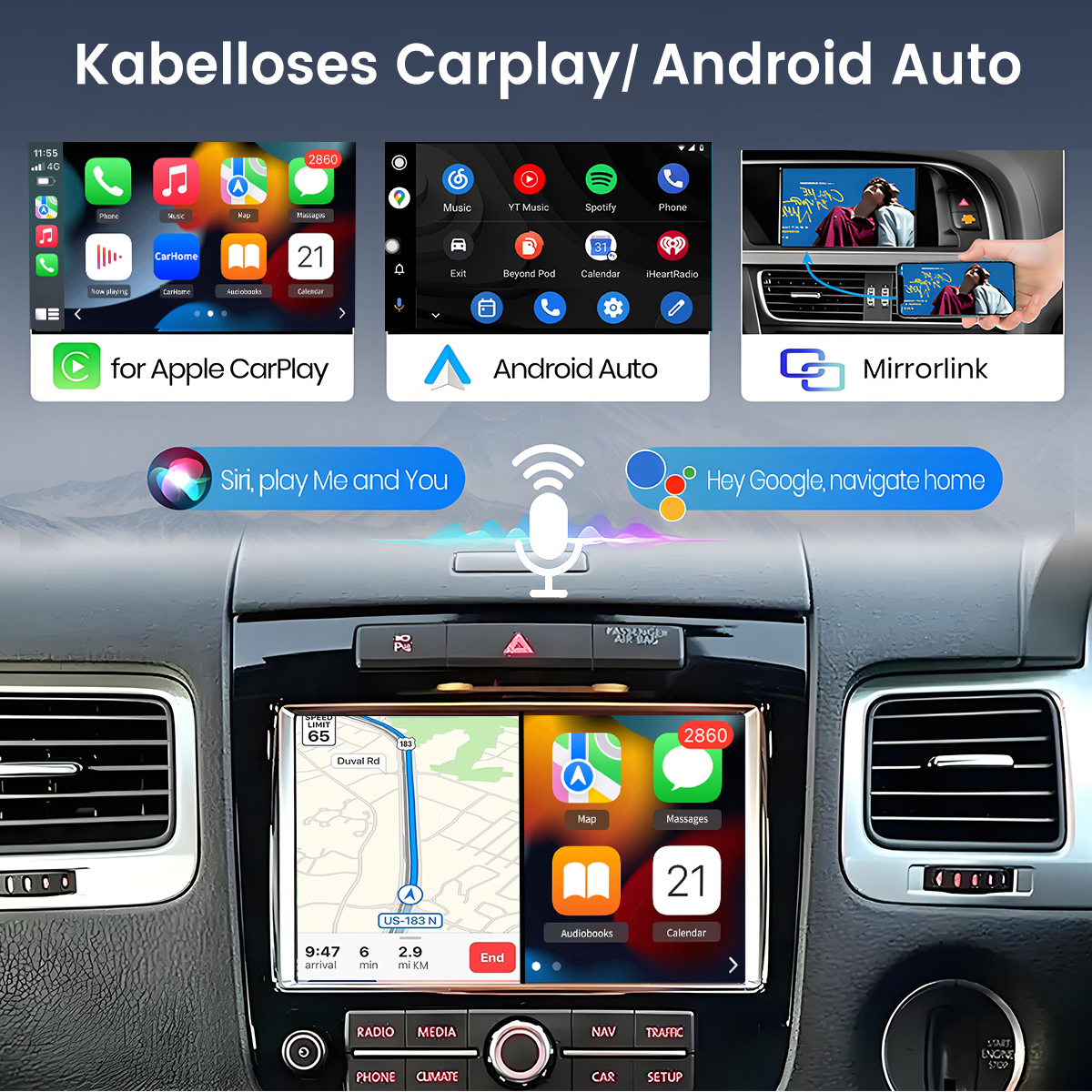 Auto-Display mit Apple CarPlay, Android Auto und Mirrorlink. Eine Karte ist auf dem Hauptbildschirm sichtbar.